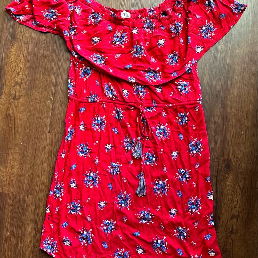Knox Rose red, floral off the shoulder dress.